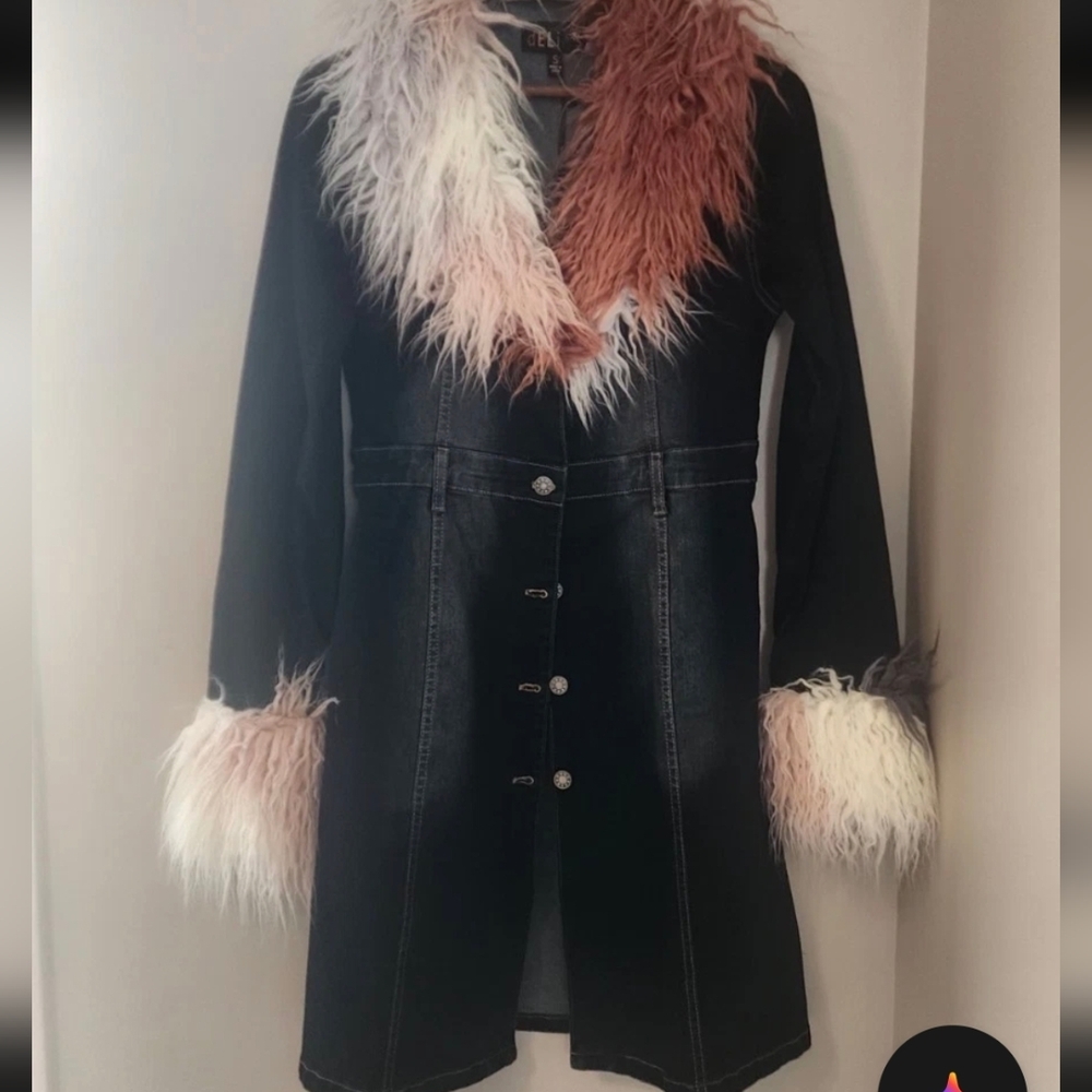 dELiA*s Black Trench Coat with Pink and Cream Faux Fur Trim